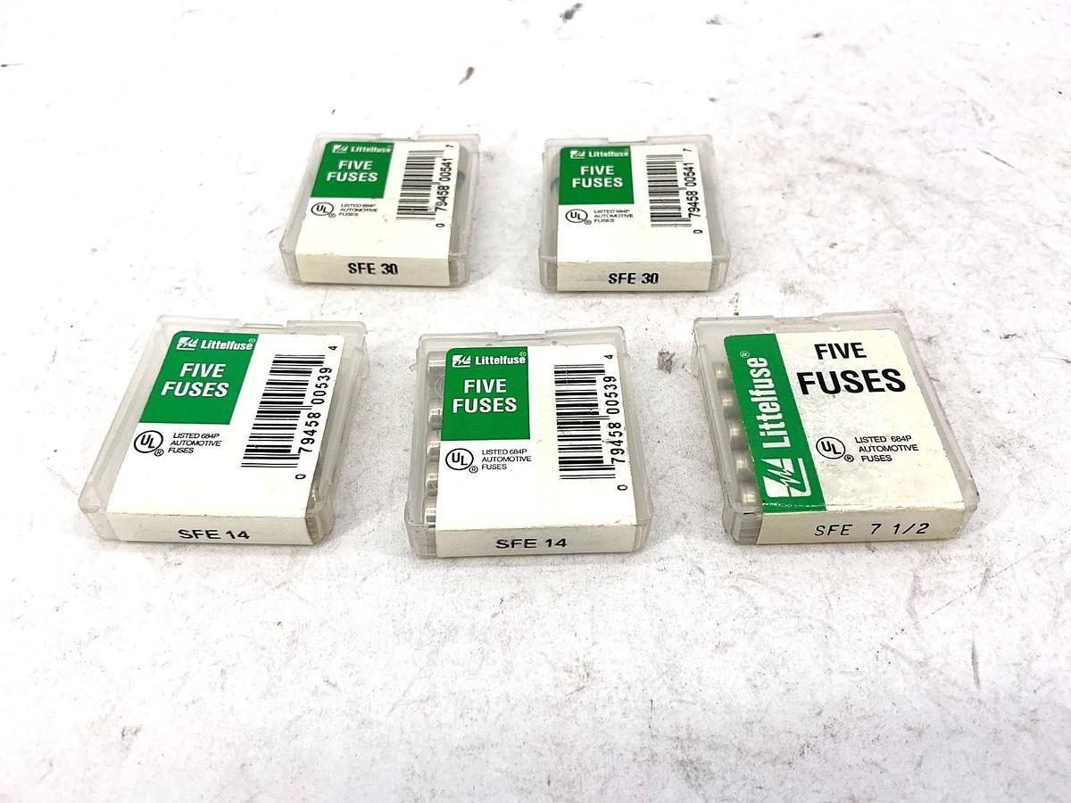 Lot of 24 New Assorted Littelfuse SFE Glass Fuses SFE-7-1/2, SFE-14 & SFE-30