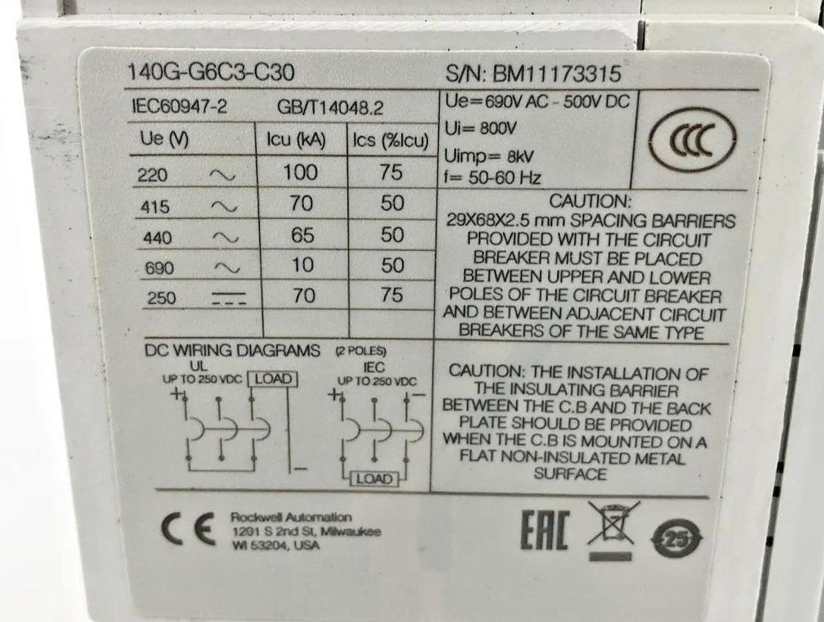 New Allen Bradley 140G-G6C3-C30 Ser. A Circuit Breaker 30A 480V-600Y/347V