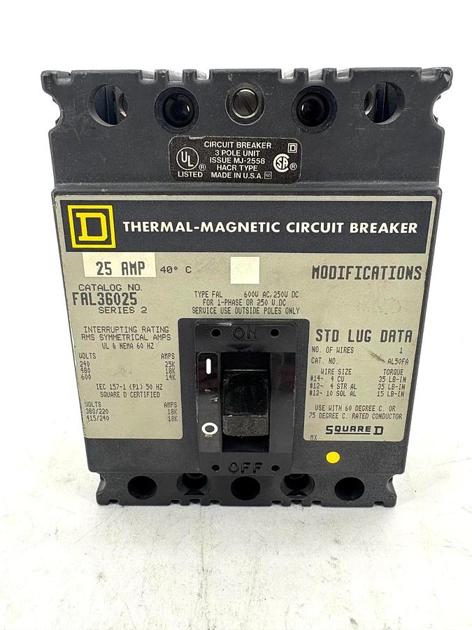 New Square D FAL36025 Circuit Breaker 25A 600V 3-Pole - No Box