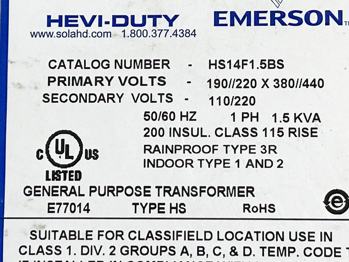 New Emerson Hevi-Duty HS14F1.5BS 1.5kVA Transformer Pri. 220/440V Sec. 110/220V
