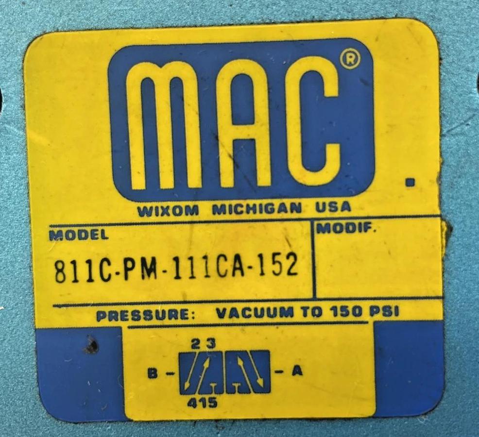 Used MAC Valves 811C-PM-111CA-152 Solenoid Valve Pressure: Vacuum To 150PSI