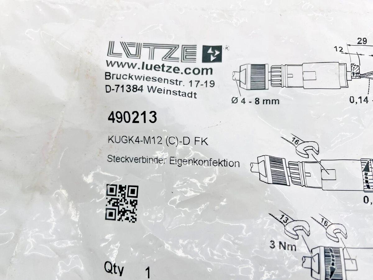 Lot of 2 New Lutze 490213 M12 Connector Female Straight KUGK4-M12 (C)-D FK