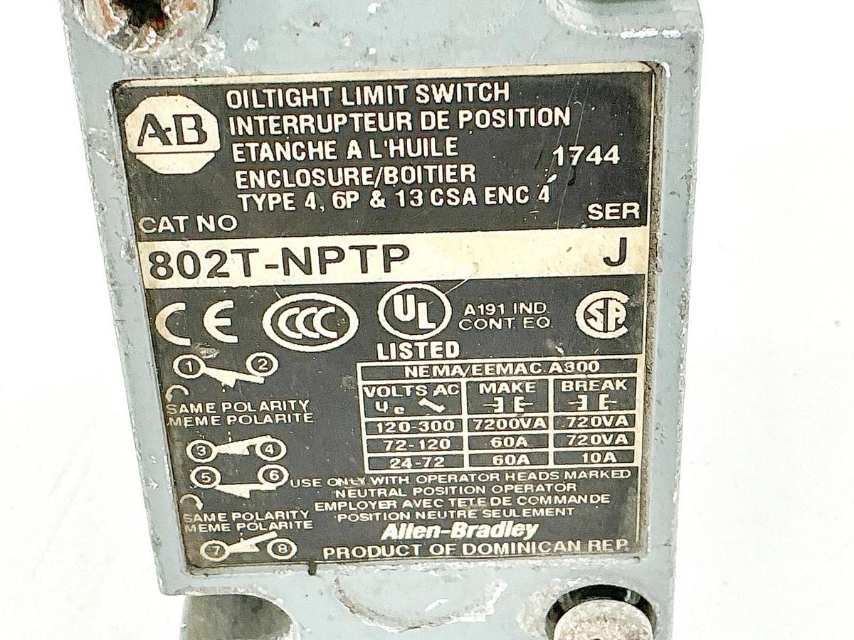 Used Allen Bradley 802T-NPTP Oiltight Limit Switch Body 120/300V 60A 7200VA Ser.J