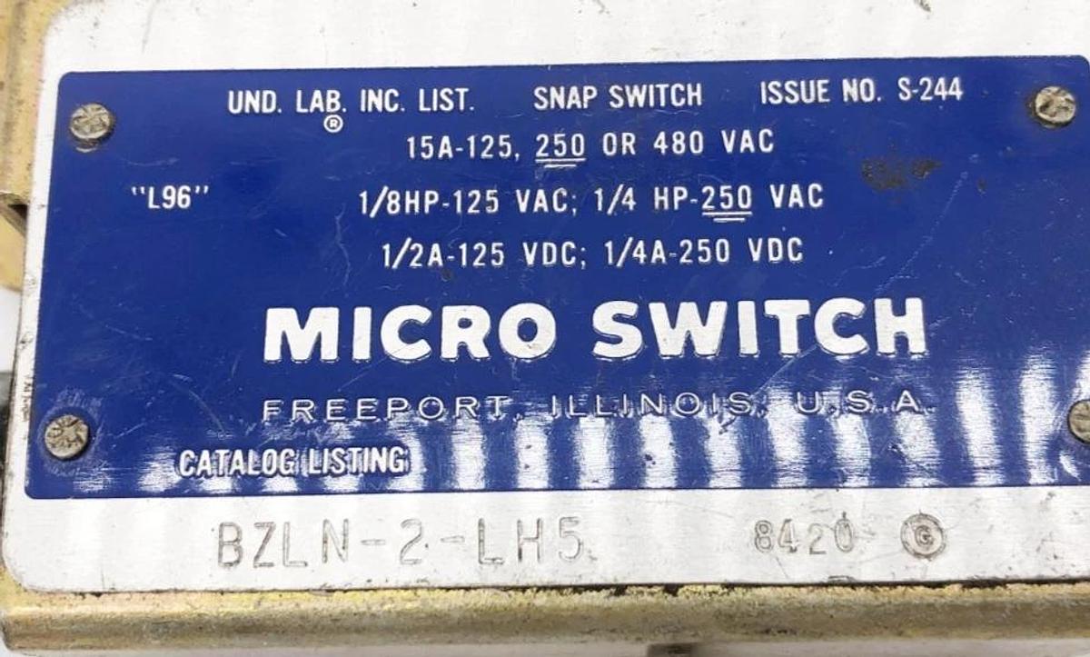 Used Honeywell Microswitch BZLN-2-LH5 Roller Limit Switch 15A 125-480VAC