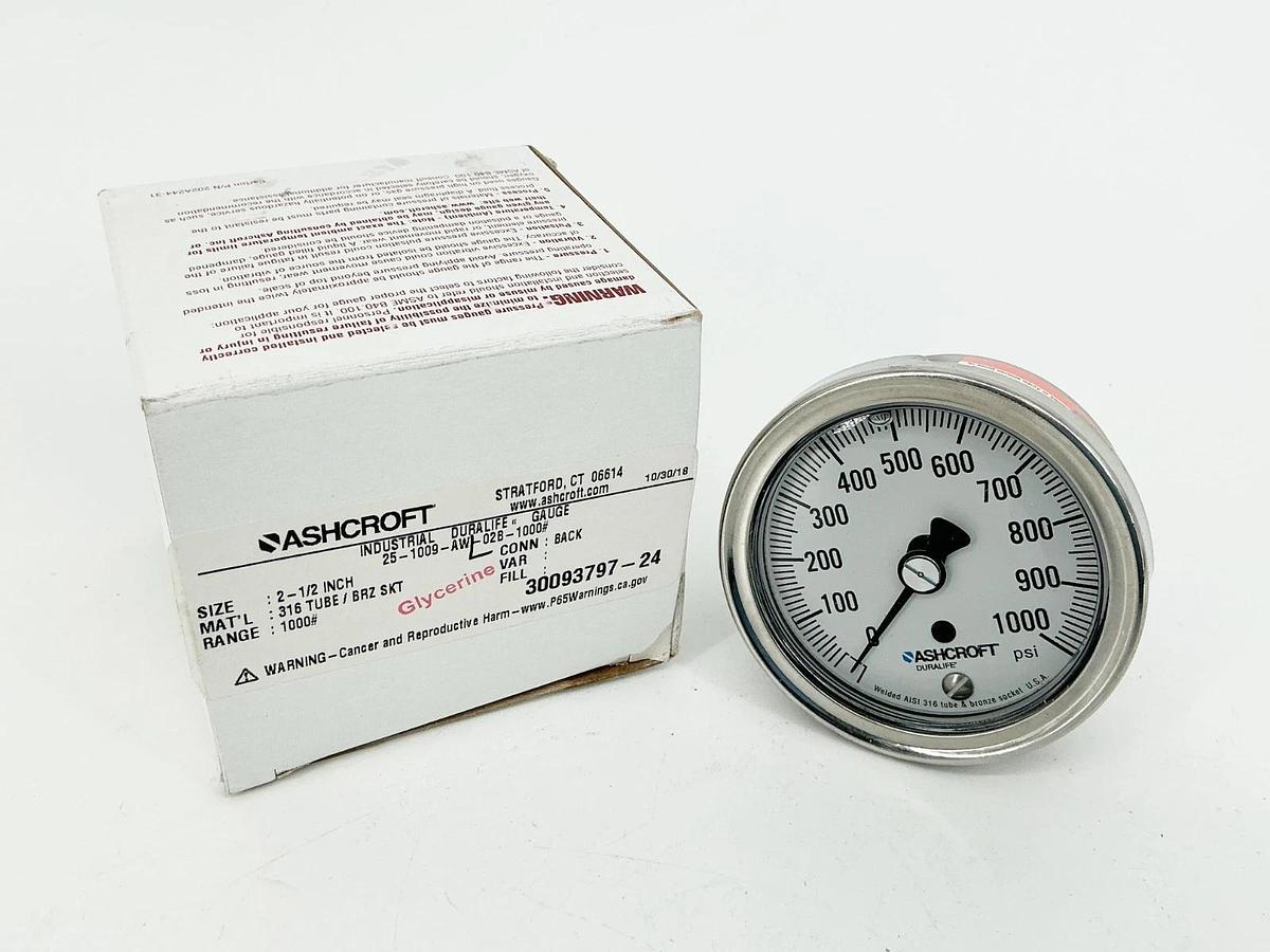 New Ashcroft 25-1009-AWL-02B-1000# Pressure Gauge 0-1000PSI 2.5" 1/4" NPT