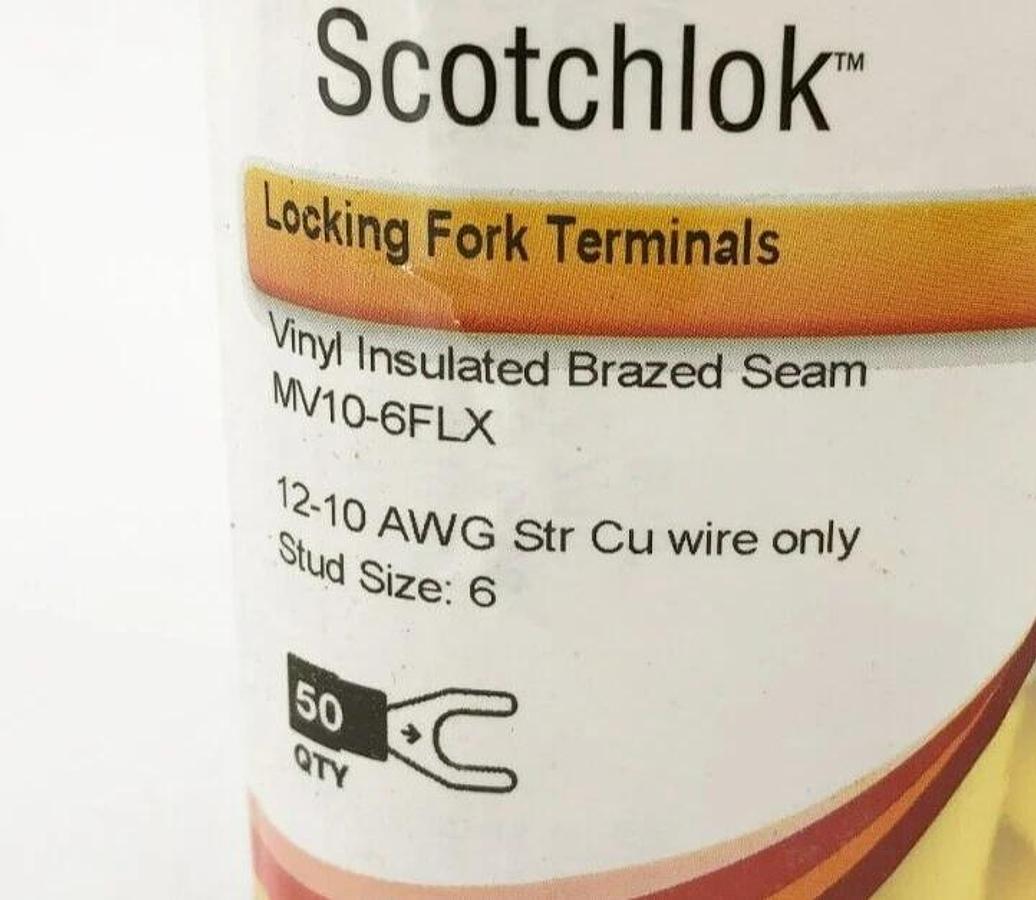 New 3M Scotchlok MV10-6FLX Locking Fork Terminals 12-10 AWG #6 Stud (Pack of 50)