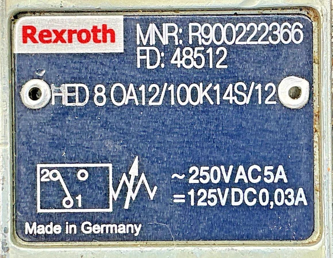 Used Rexroth HED8OA12/100K14S/12 Pressure Switch Plug-In 4-Pin 5A 250VAC 0.03A 125VDC