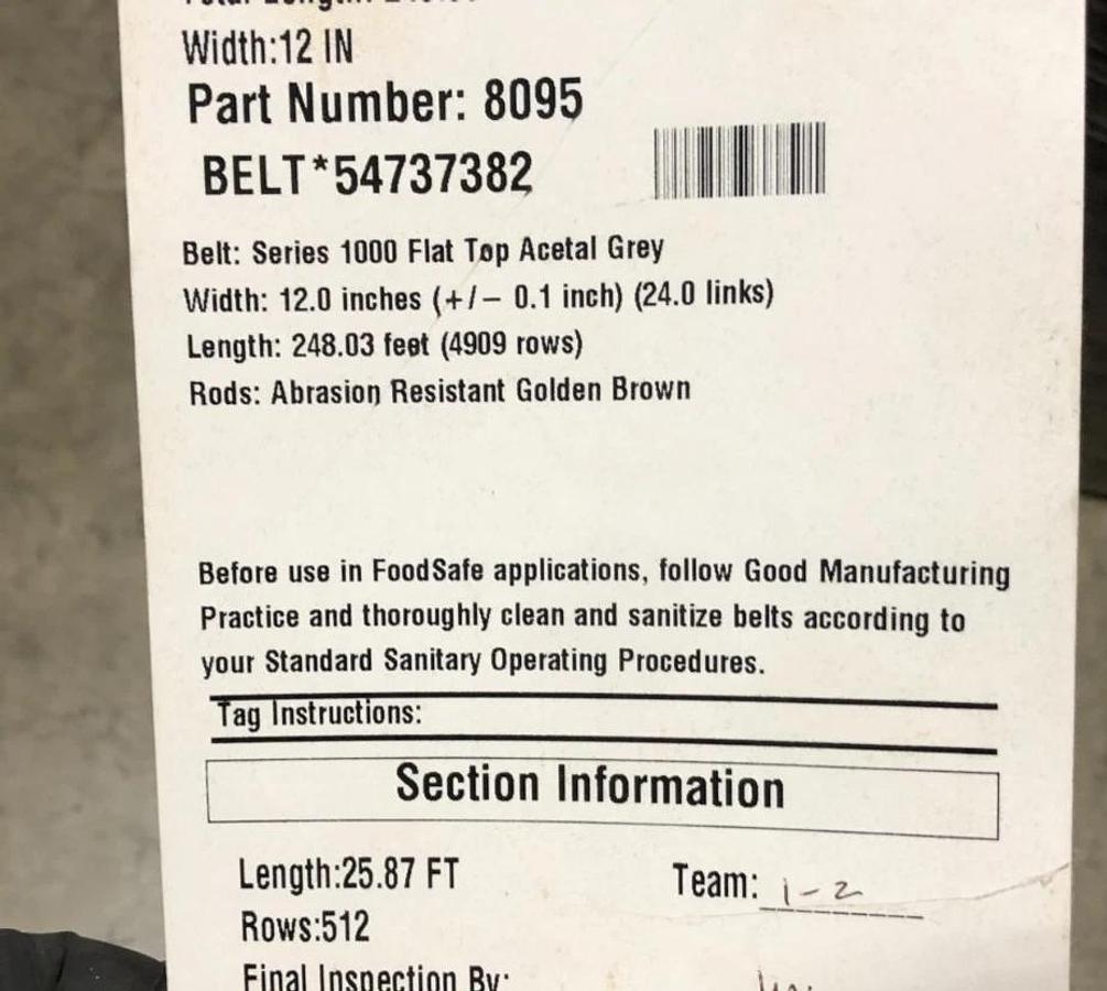 New Intralox 8095 Series 1000 Flat Top Acetal Gray 25.87FT x 12" W - No Box