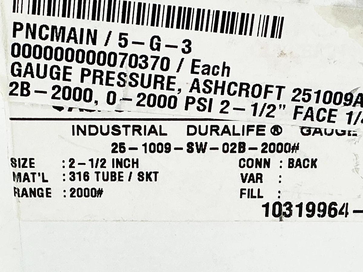 New Ashcroft 25-1009-SW-02B-2000# Pressure Gauge 0-2000PSI 2.5" Face 1/4" NPT