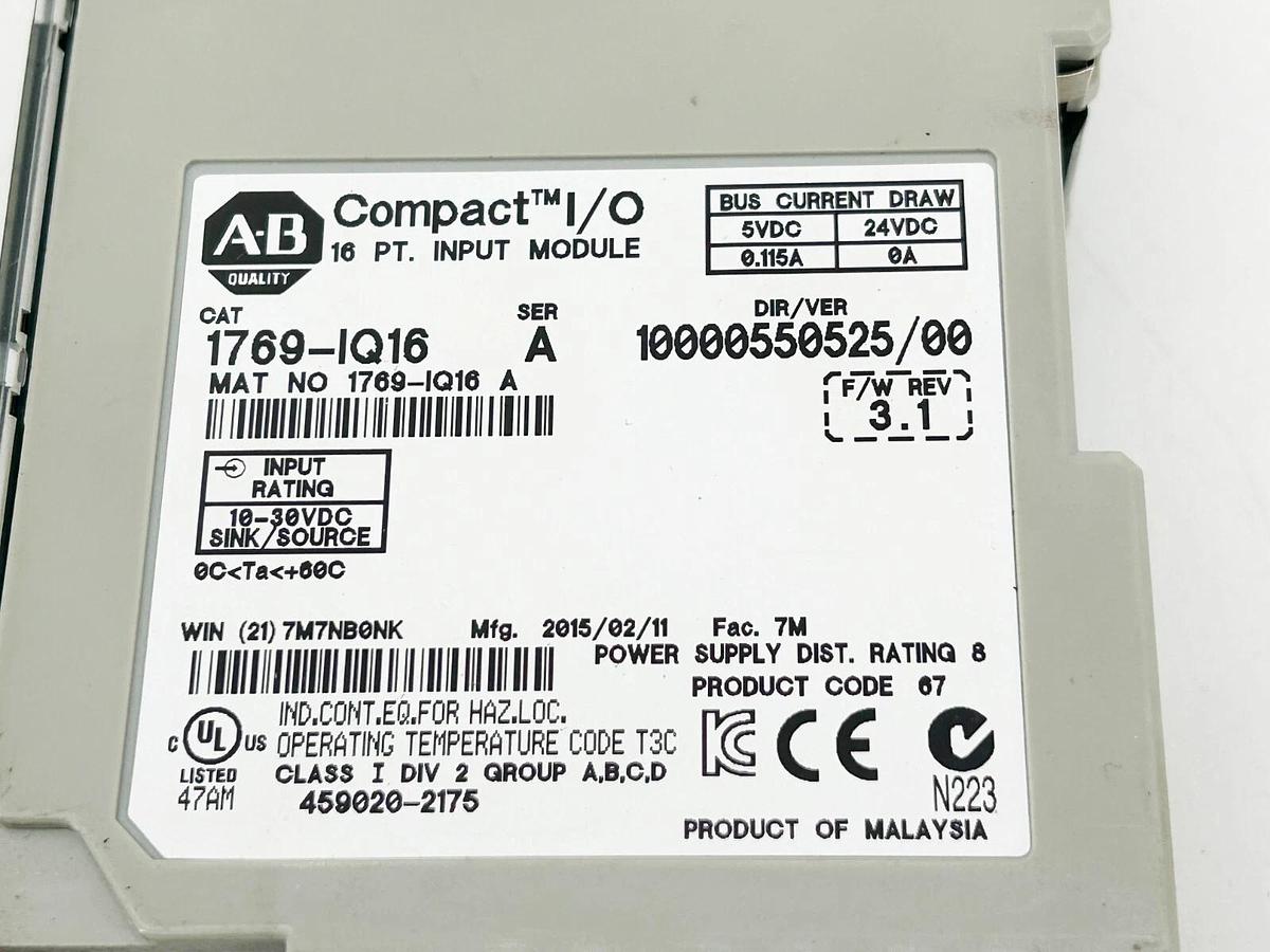 Used Allen Bradley 1769-IQ16 I/O Module 16 PT 24VDC Sink/ Source Input SER A