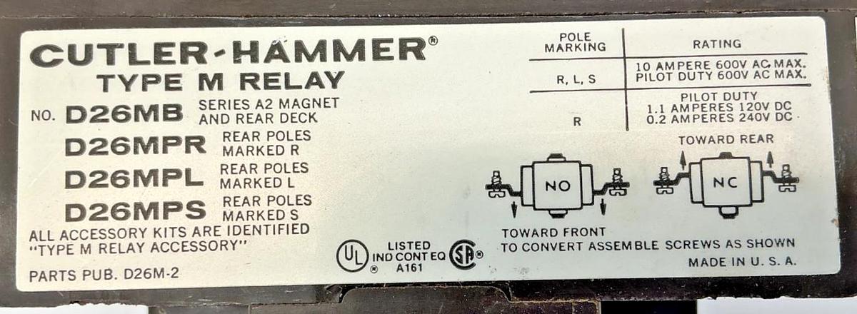 Used Cutler-Hammer D26MR40C Type M Relay 4-Pole 4NO 600V Coil 440/480V 50/60HZ D26MB