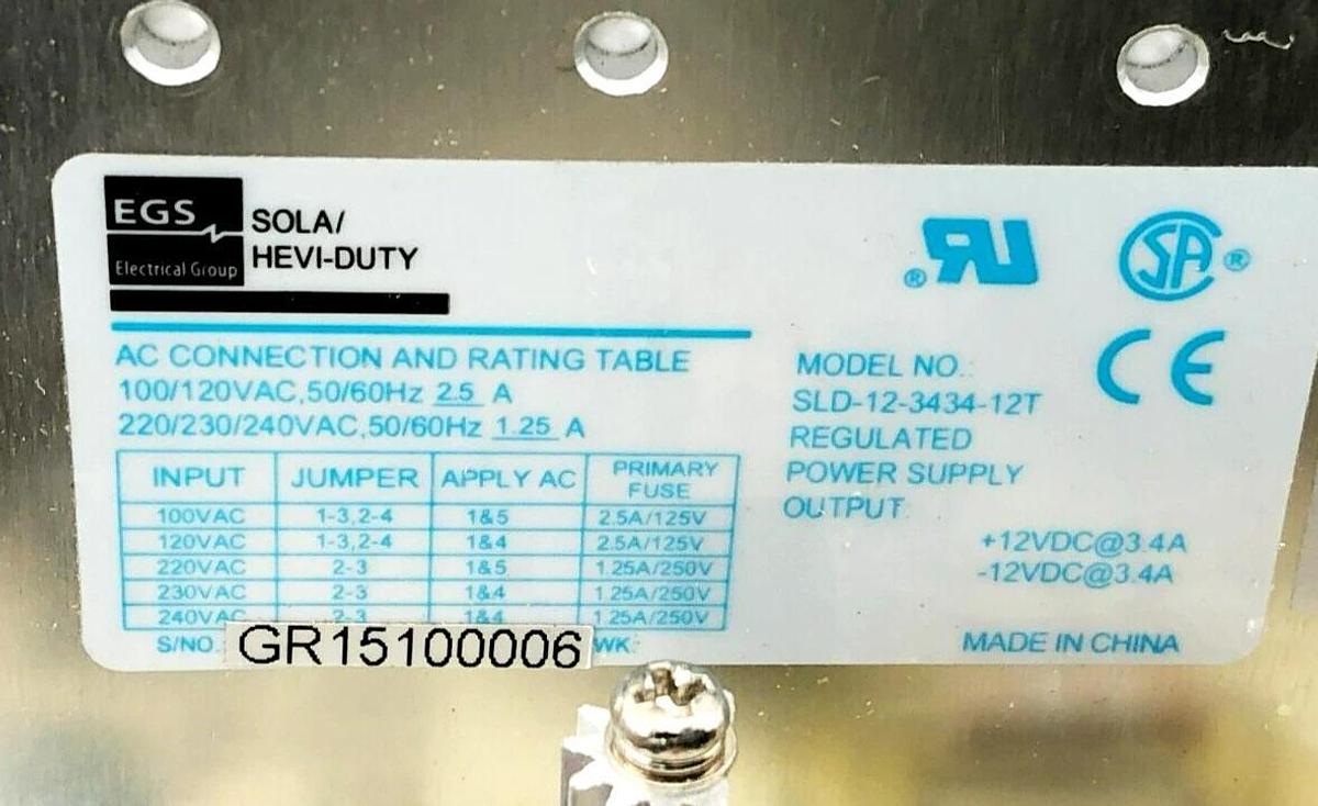 New Sola HD SLD-12-3434-12T Power Supply 100-240VAC In ±12VDC 3.4A Out