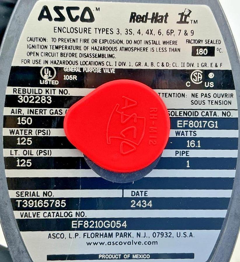 New Asco EF8210G054 120VAC Solenoid Valve 2-Way 150PSI 1" Pipe 16.1W 5JC42