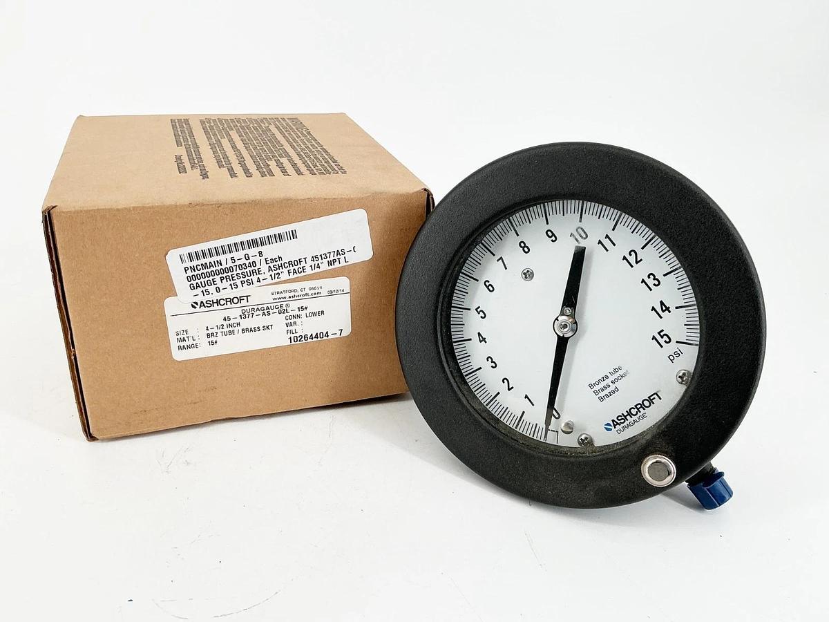 New Ashcroft 45-1377-AS-02L-15# Pressure Gauge 0-15PSI 4-1/2" BRZ Tube