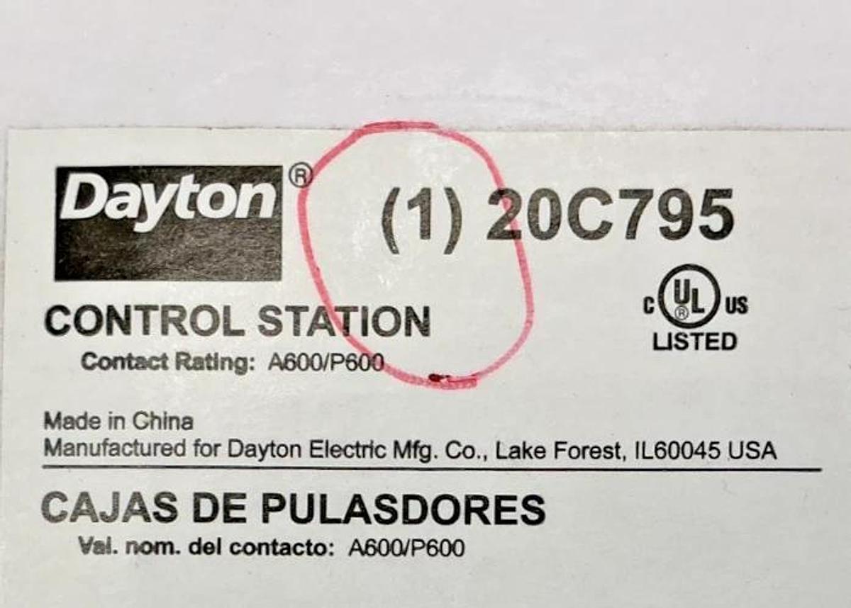 New Dayton 20C795 Control Station Pushbutton Up/Down Contact Rating: A600/P600