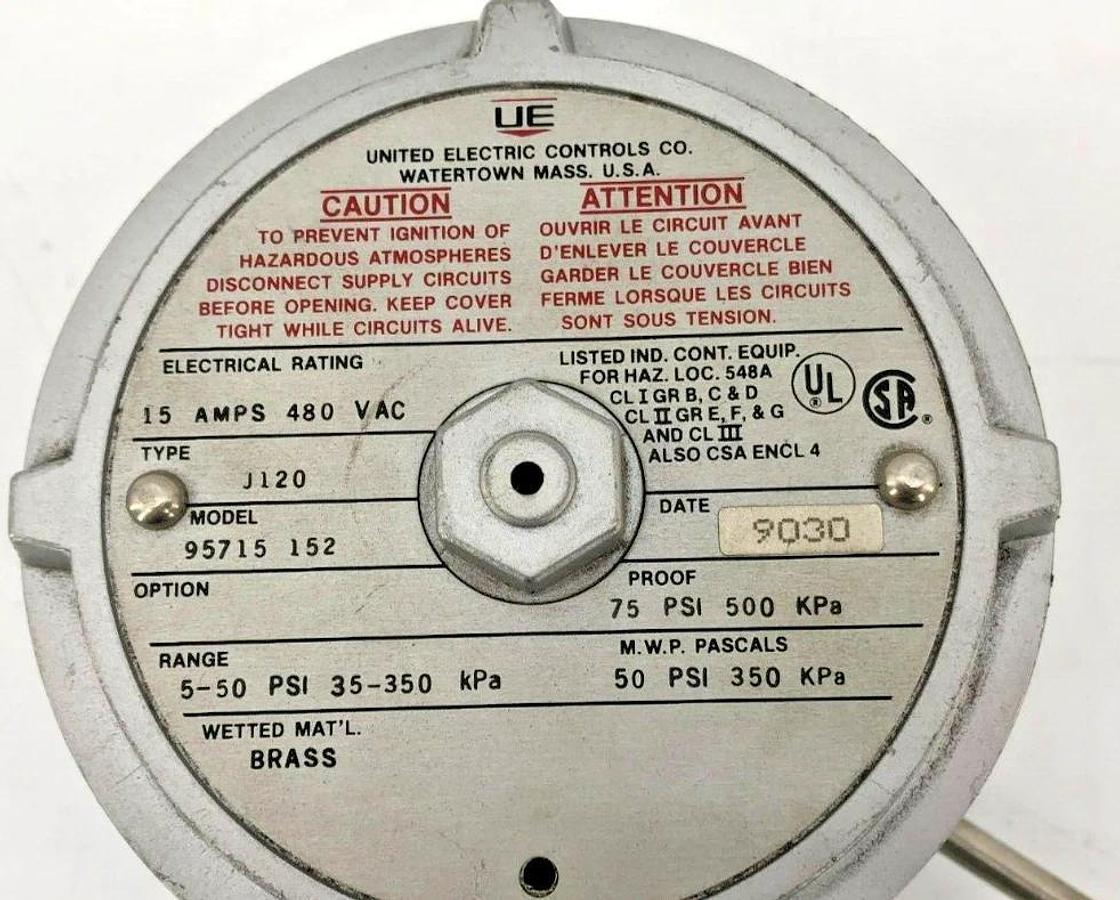 Used United Electric 95715 152 Pressure Switch 15A 480VAC 5-50psi (Missing Parts)