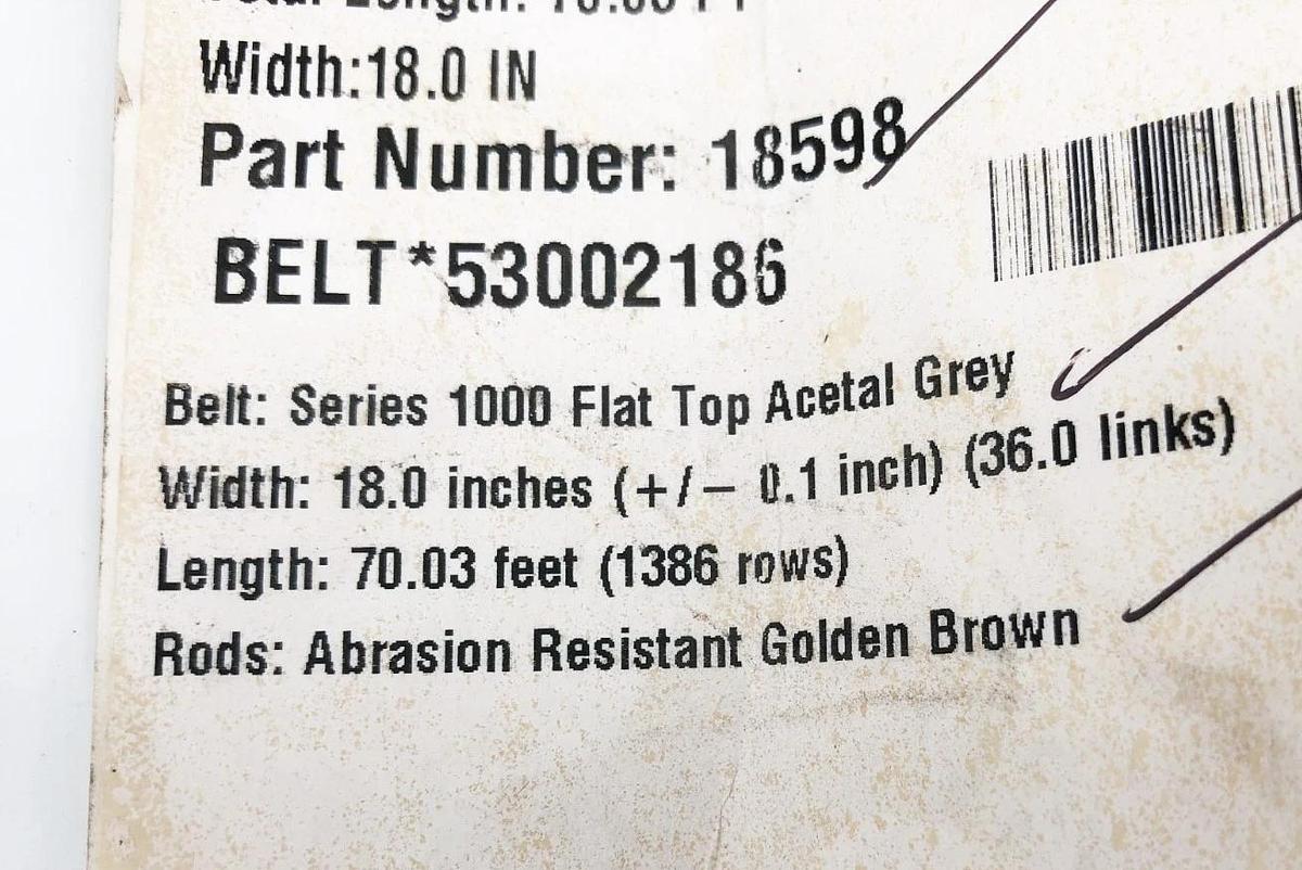 New Intralox 18598 Flat Top Acetal Grey Series 1400 18" W x 8.8 FT. - No Box