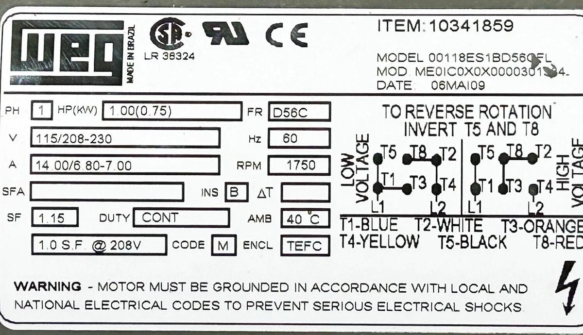 Used WEG 00118ES1BD56OFL Motor 1HP 115/230V 14A 1750RPM 10341859 1ph D56C Frame