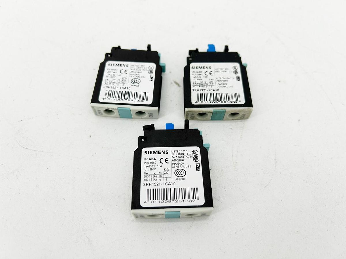 New Lot of 3 Siemens 3RH1921-1CA10 Auxiliary Contact Block 10Amp 240VAC 1 Pole 1