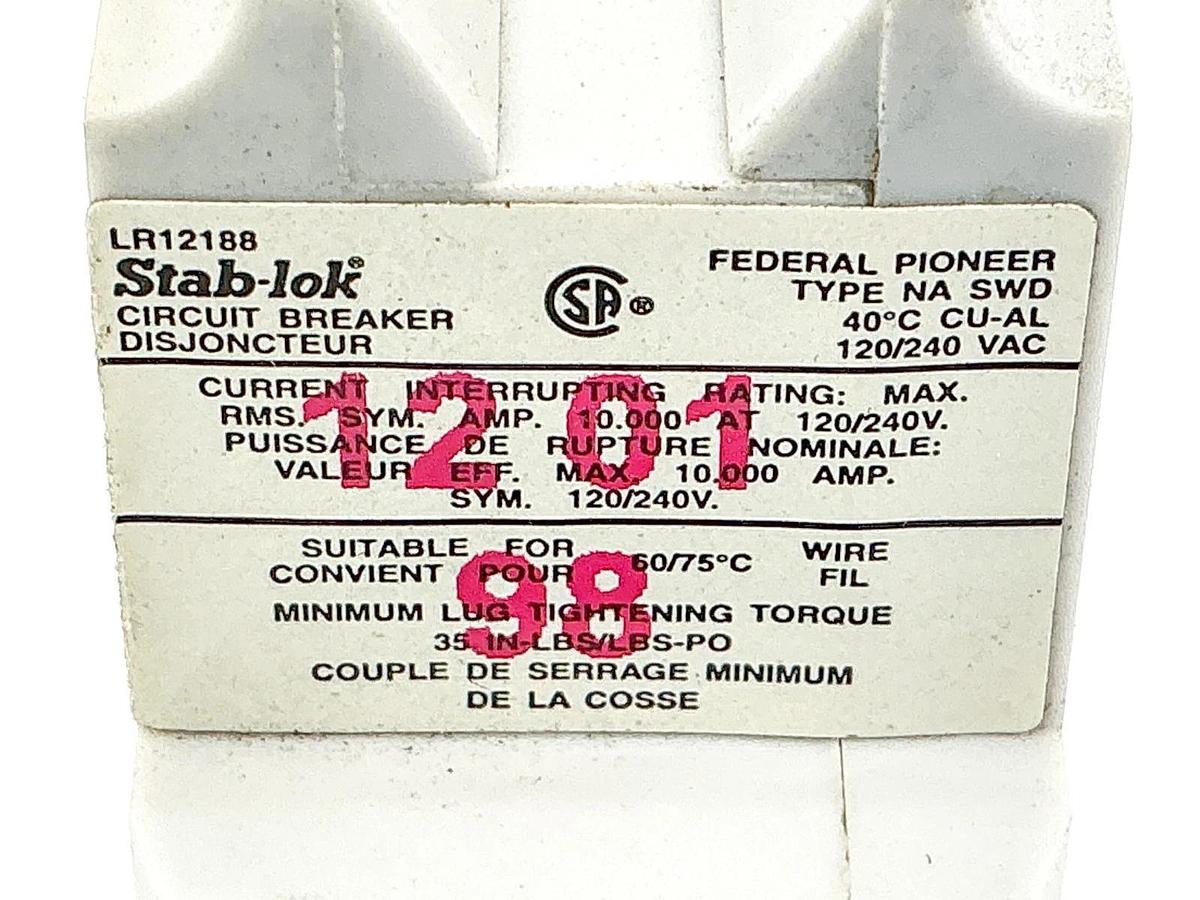 New Lot of 2 Federal Pioneer LR12188 Circuit Breaker 20A 120/240V 1P - No Box