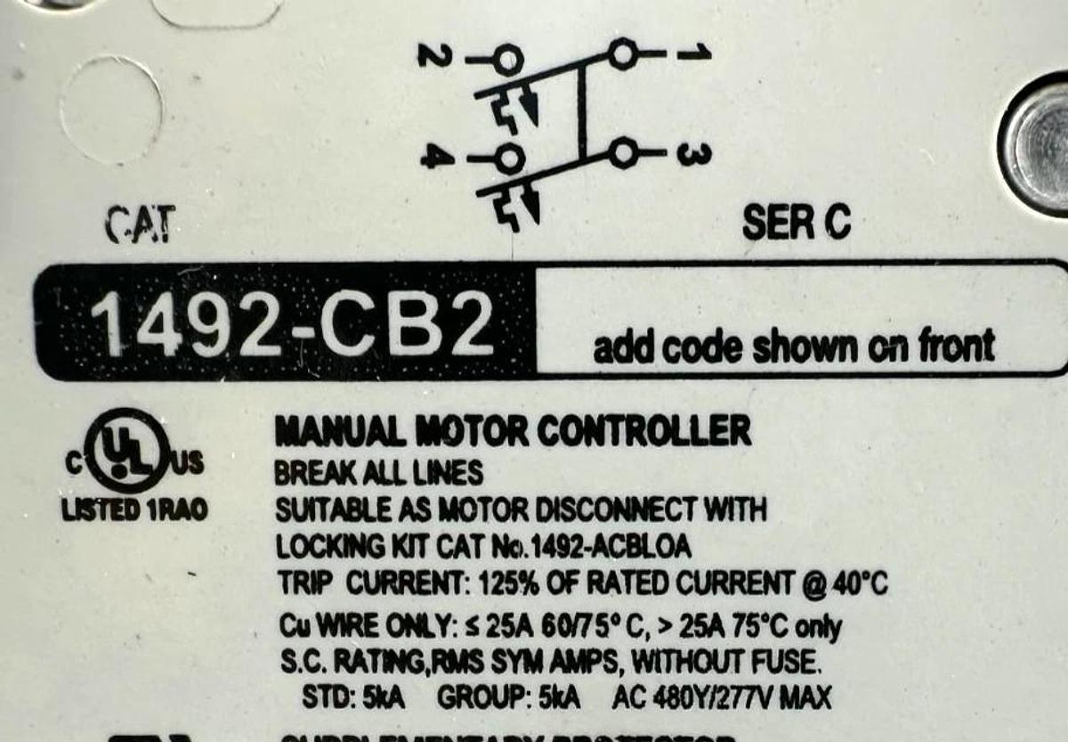 New Allen Bradley 1492-CB2G100 Ser C Manual Motor Controller 10A 2P