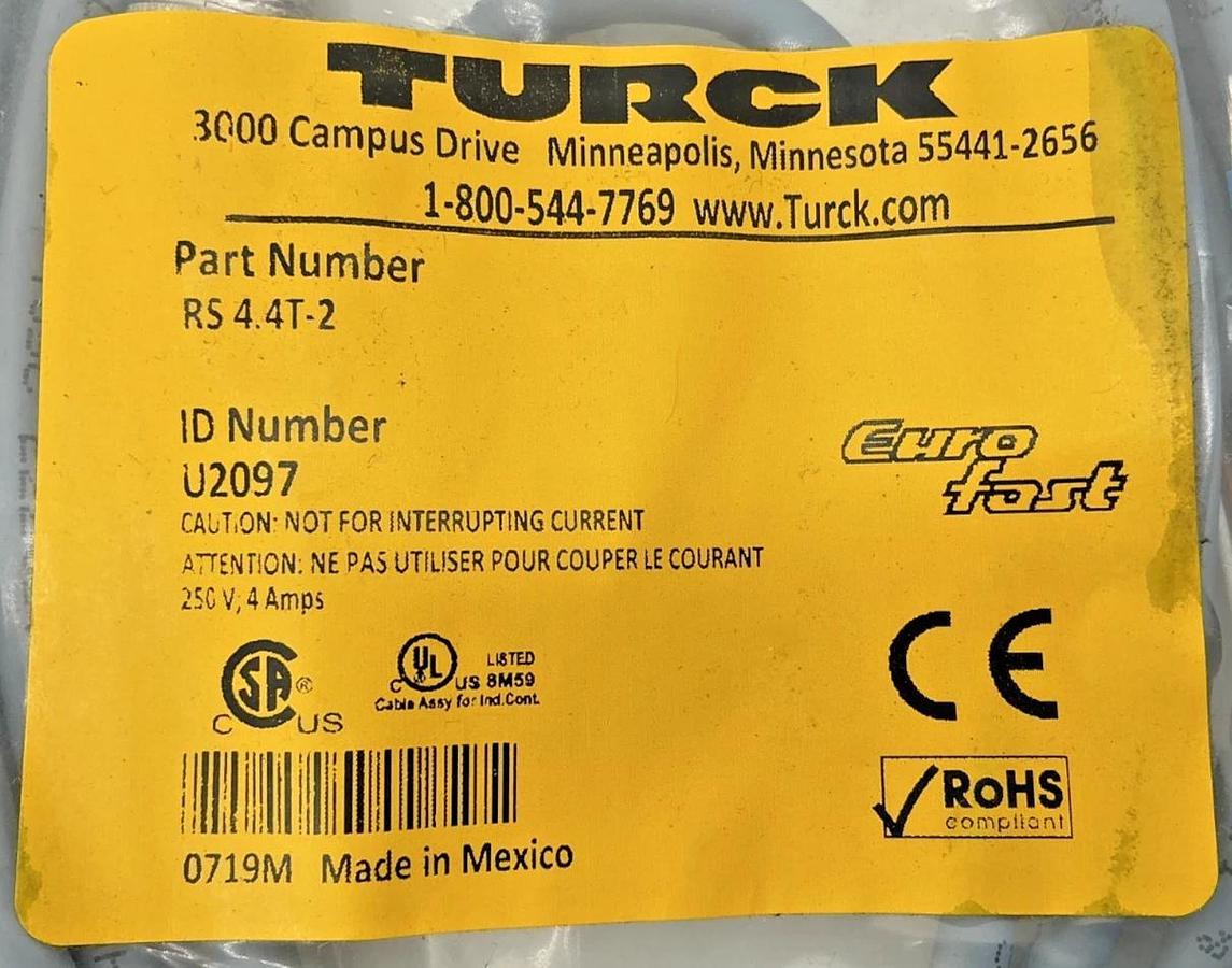 Lot of 2 New Turck RS-4.4T-2 Euro Fast Cordset 4-Pin 4-Wire U2097