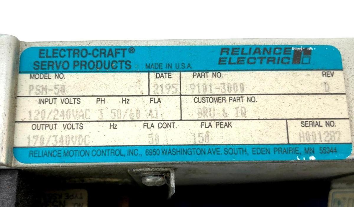 Used Electro-Craft 9101-3000 Servo Power Supply Model PSM-50 120/240VAC 3PH 50/60Hz
