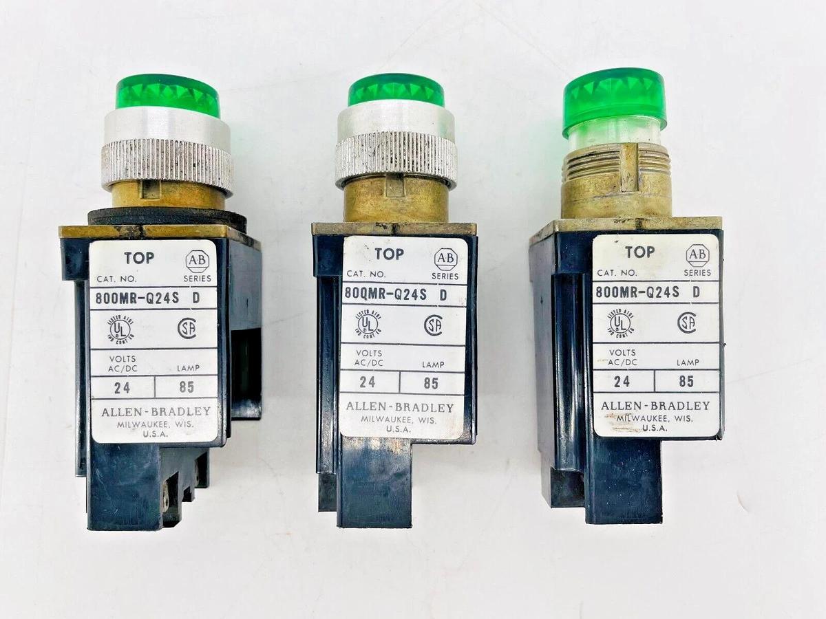 Used Lot of 3 Allen Bradley 800MR-Q24S Pilot Light Green 24V Ser D