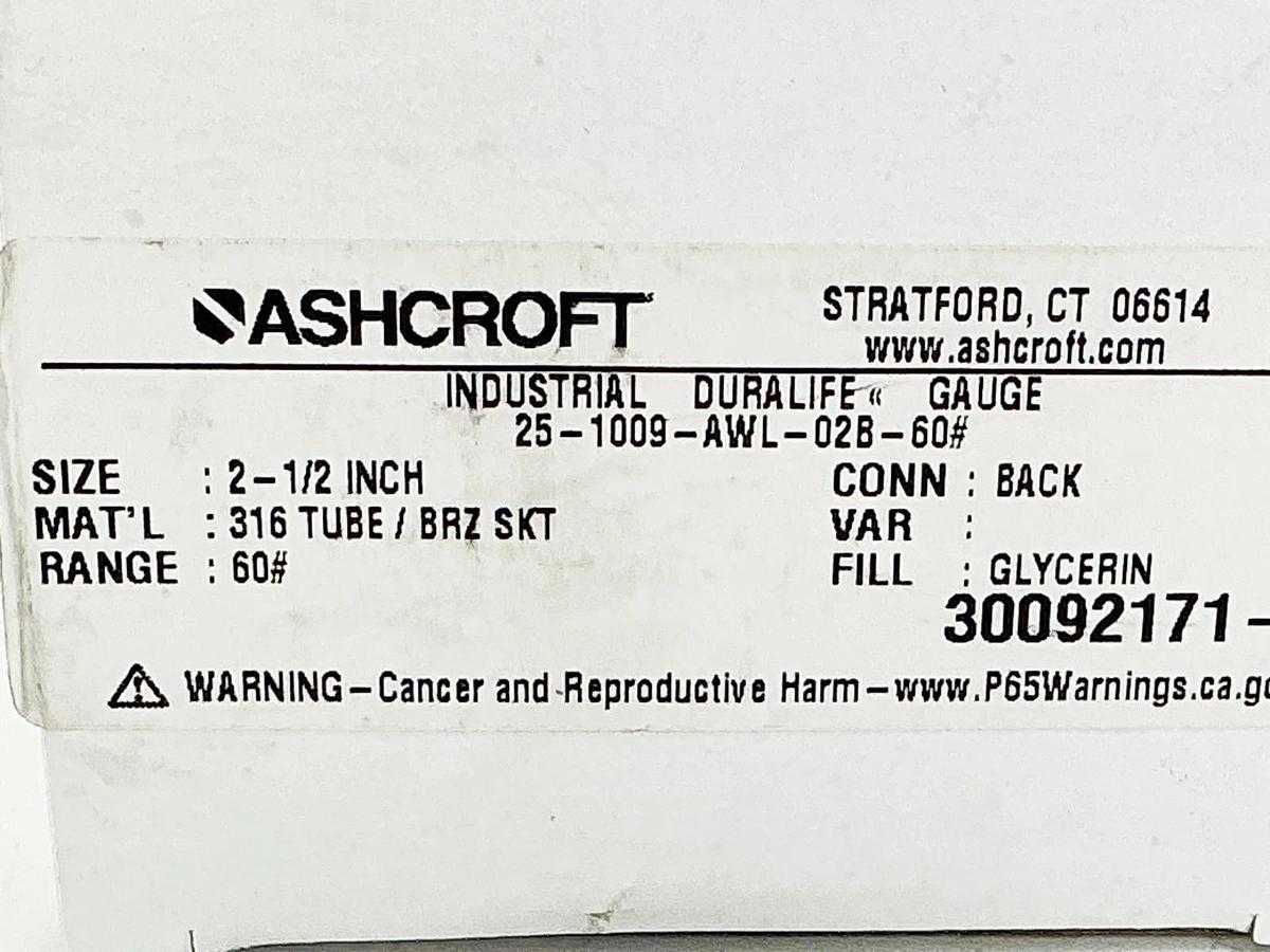 New Ashcroft 25-1009-AWL-02B-60# Pressure Gauge 0-60PSI 2.5" 1/4"NPT