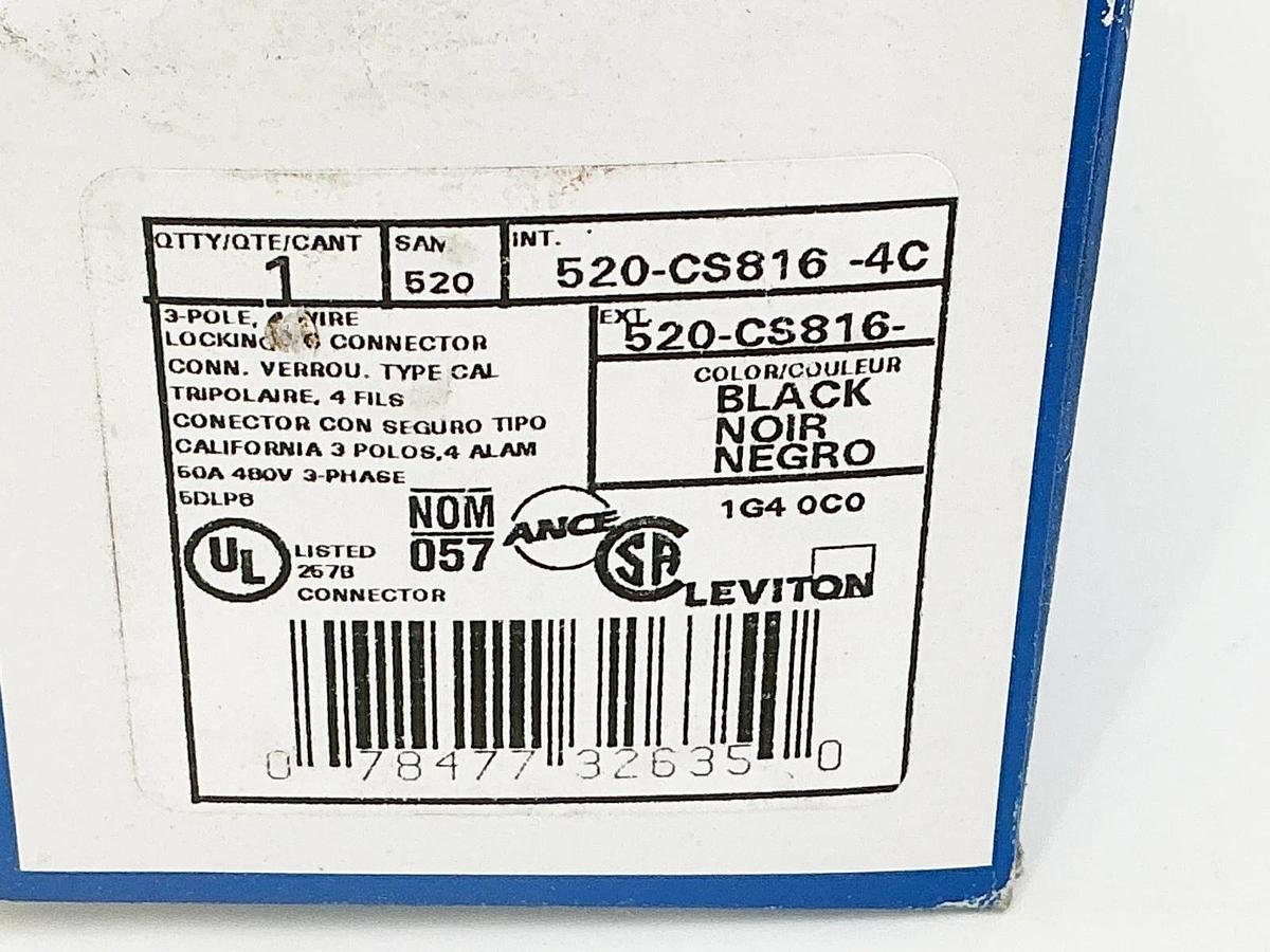 New Leviton 520-CS816-4C Connector Plug 3P 50A 480V