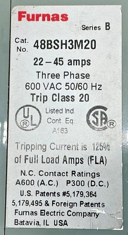 Used Furnas 48BSH3M20 Ser B Overload Relay Solid State 3PH 22-45FLA 600VAC 50/60HZ