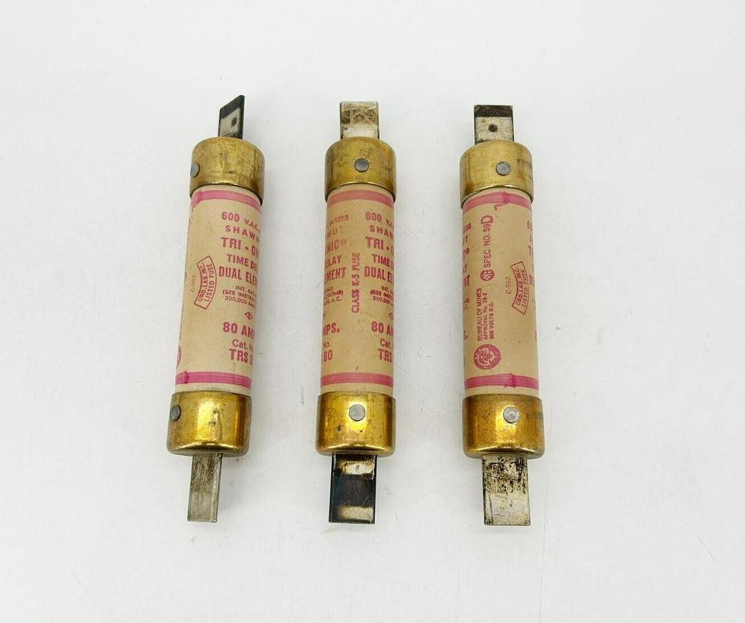 Used Lot of 3 Shawmut TRS80 Time Delay Fuses 80A 600VAC/300VDC