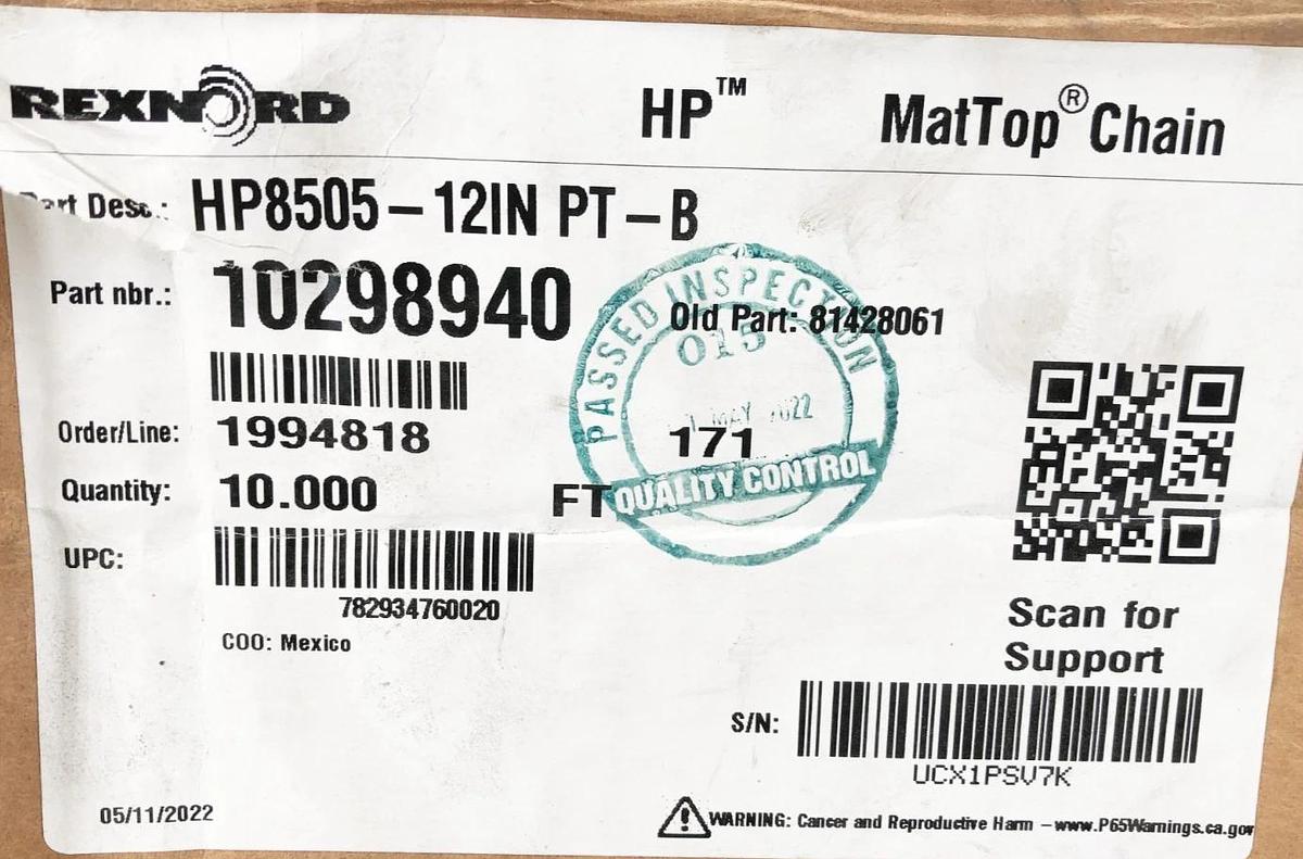 New Rexnord HP8505-12IN PT-B MatTop Chain 8 FT. 10298940