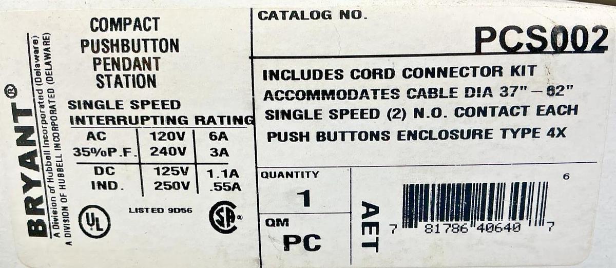 New Bryant PCS002 Compact Pushbutton Pendant Station Yellow Single Speed 240V