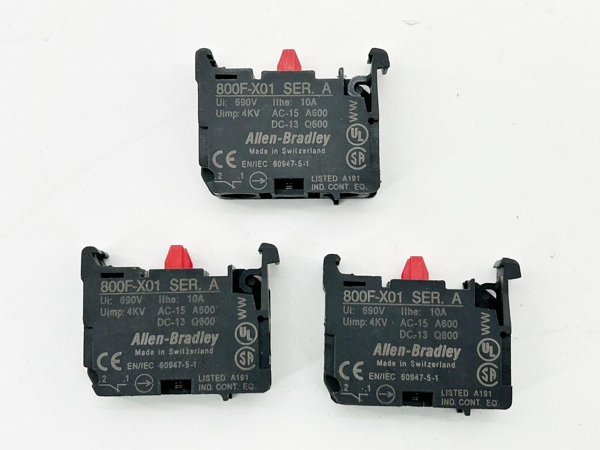 New Lot of 3 Allen Bradley 800F-X01 Contact Block 22.5MM 1N/C 10A 690VAC