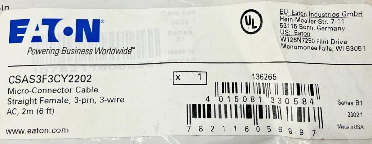 New Eaton CSAS3F3CY2202 Ser B1 Micro-Connector Cable Female 3-Pin 3-Wire 2m/6ft