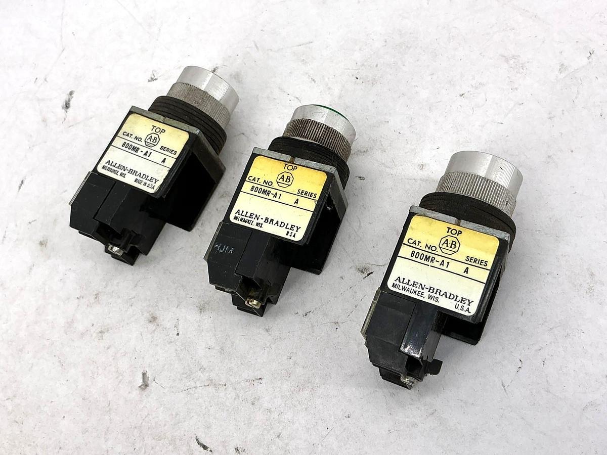 Used Lot of 3 Allen Bradley 800MR-A1 Ser A Pushbutton w/ 800M-XD1S Contact Block