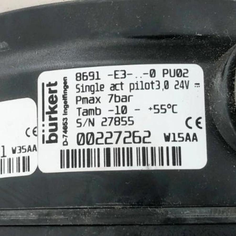 Used Burkert 2100A-PTFE-Kv18 Valve w/ 8691-E3-..-0PU02 Single Act Pilot 00186622
