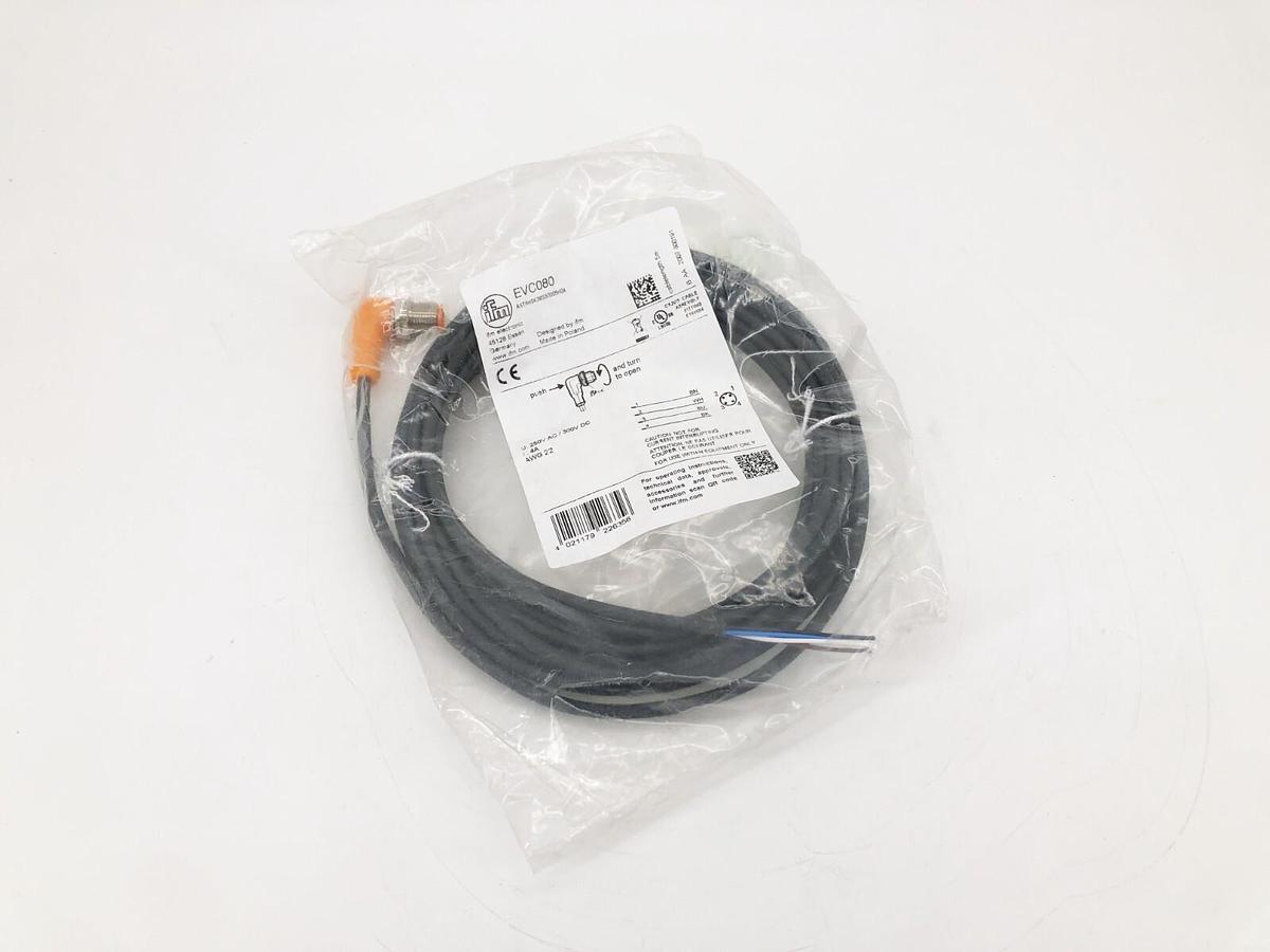 New IFM Efector EVC080 Cordset M12 Connector 4A 250AC/300DC 5m Length