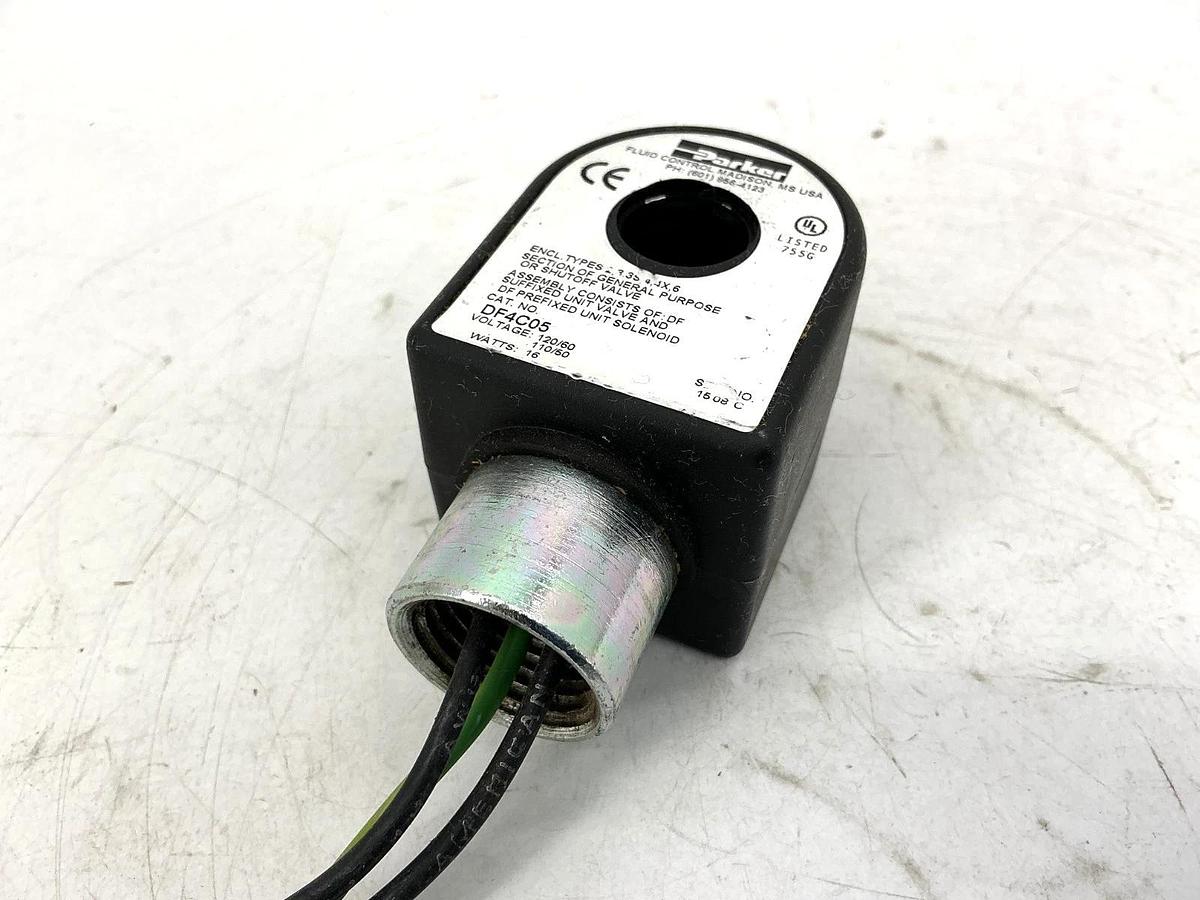 Used Parker DF4C05 Unit Solenoid Coil 3-Wire 16-Watt 110/120VAC 50/60HZ