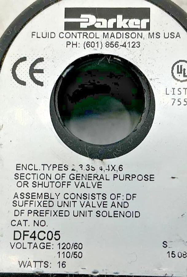 Used Parker DF4C05 Unit Solenoid Coil 3-Wire 16-Watt 110/120VAC 50/60HZ