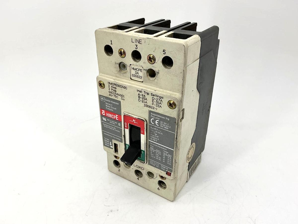Used Cutler-Hammer HMCPE003A0C Ser C Motor Circuit Protector HMCP-E 3-Pole 3A 480VAC