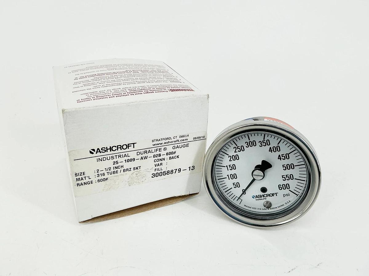 New Ashcroft 25-1009-AW-02B-600# Pressure Gauge 2-1/2" 0-600PSI 316 Tube