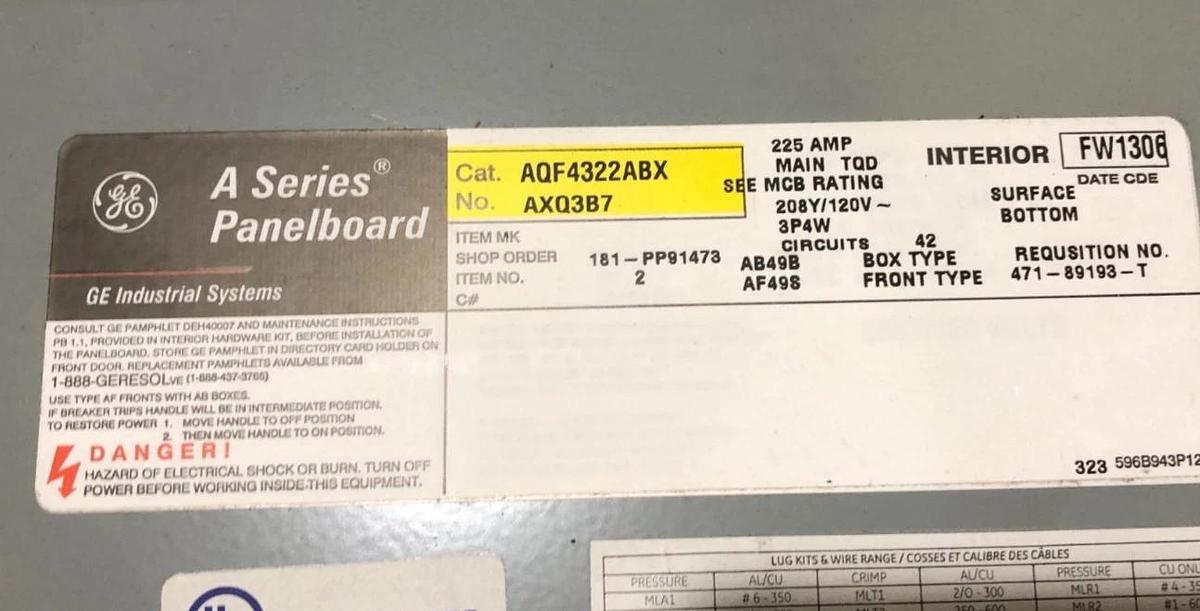 New GE General Electric AQF4322ABX Panelboard 225A A-Series II AQA3422ABX