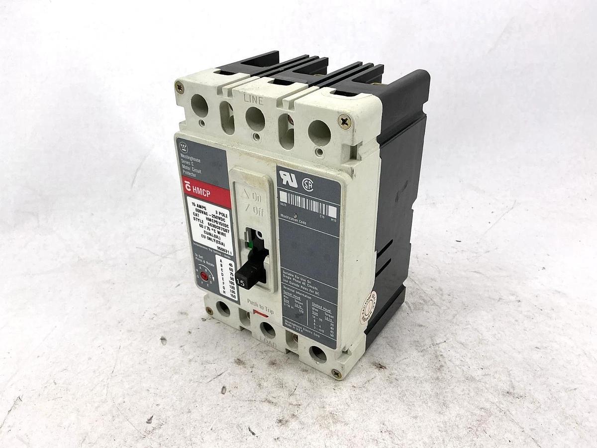 Used Westinghouse HMCP015E0C Ser C Motor Circuit Breaker 3-Pole 15A 600VAC