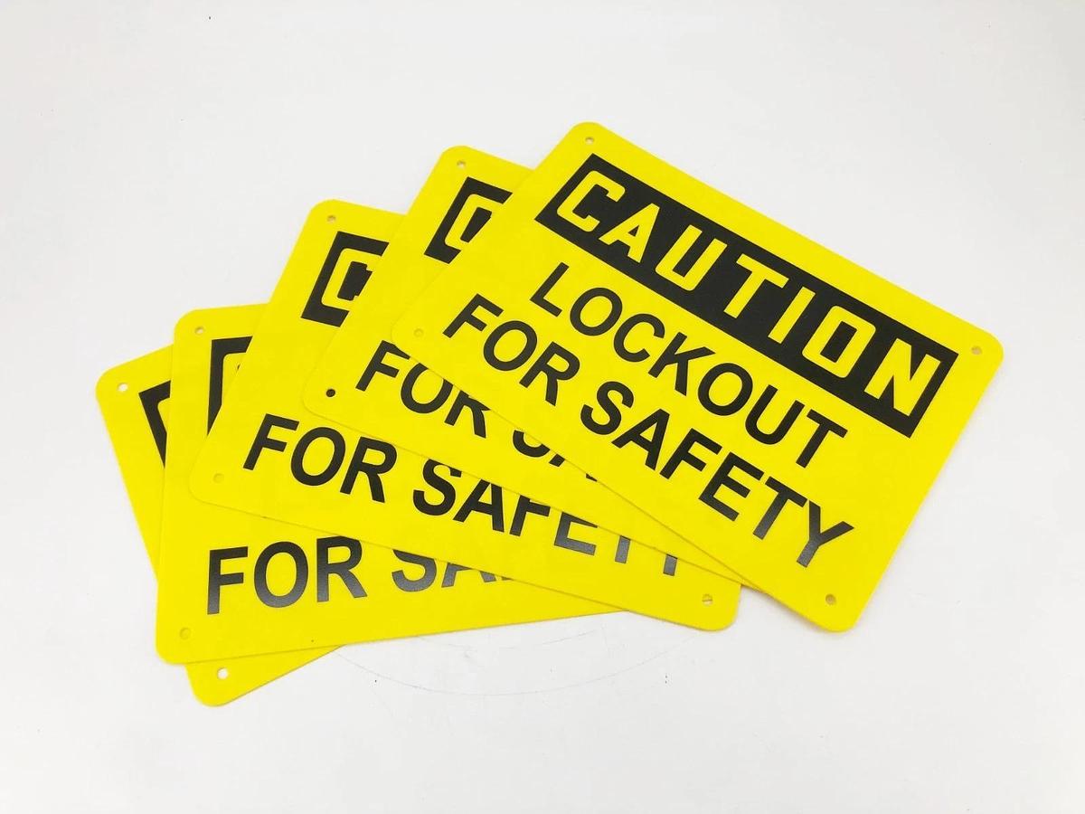 Lot of 5 New Caution Lockout For Safety Signs 7" x 10" Plastic - No Box