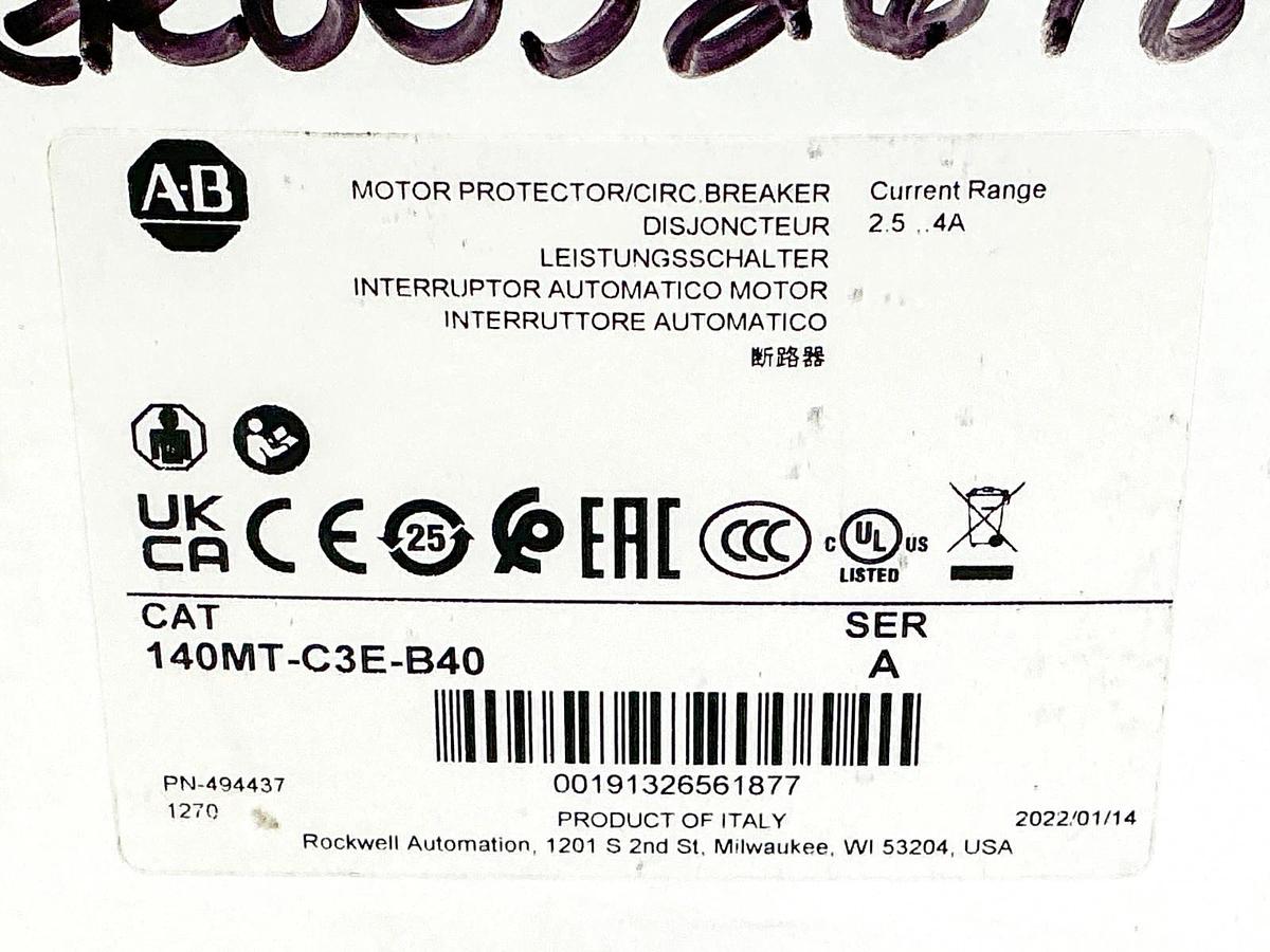 New Allen Bradley 140MT-C3E-B40 Motor Protector Breaker 2.5-4A 690V Ser.A