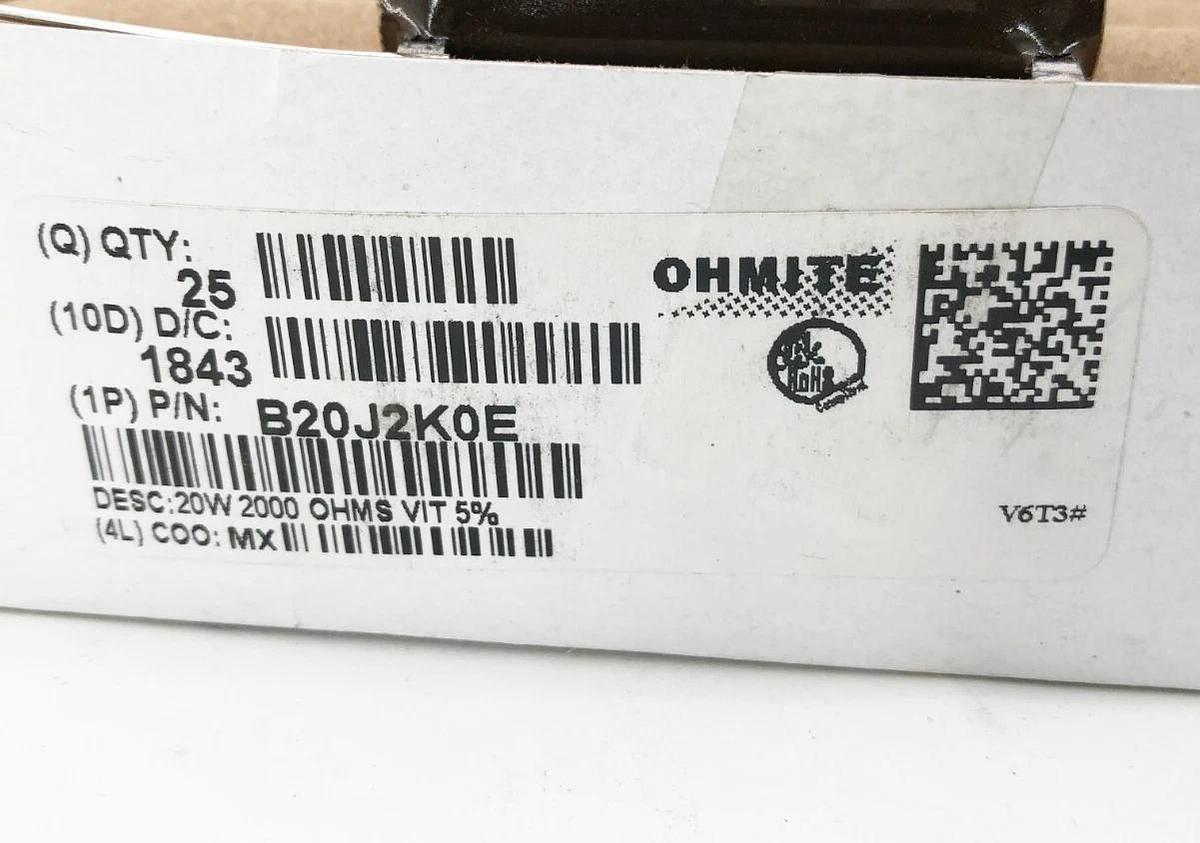 Box of 25 New Ohmite B20JK2K0E Resistors 20W 2000 Ohms 5%