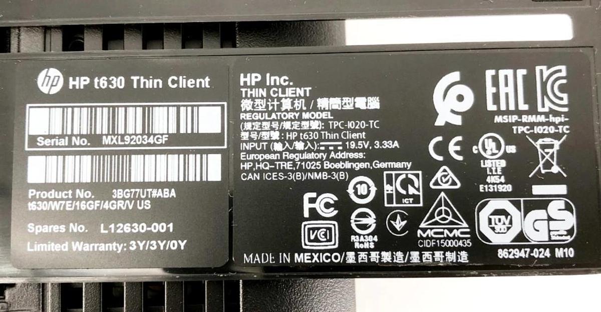 New HP TPC-I020-TC Thin Client T630 3BG77UT#ABA