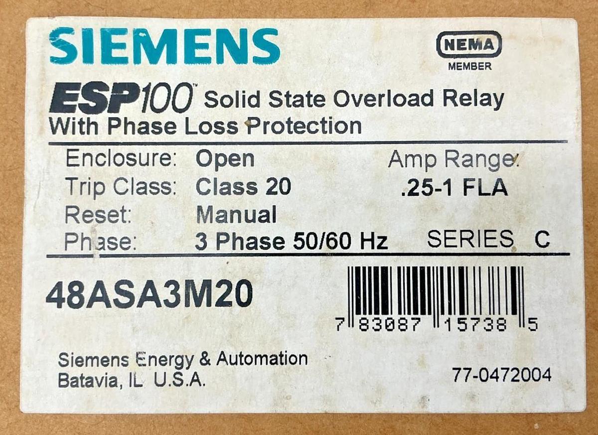 New Siemens 48ASA3M20 Ser C Overload Relay Solid State 3PH 50/60HZ 0.25-1FLA
